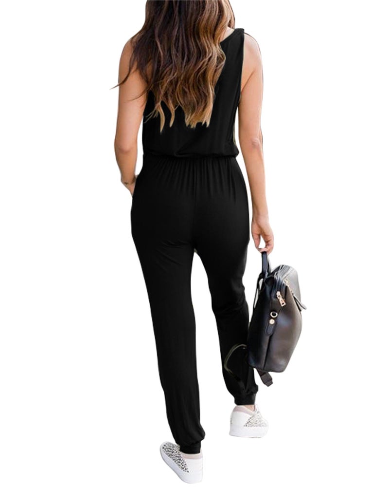 KIRUNDO Women 2026 Summer Jumpsuits Casual Sleeveless Drawstring Elastic Waist Romper Vacation Cruise Airport Travel Outfits(Black, XX-Large) - Image 2